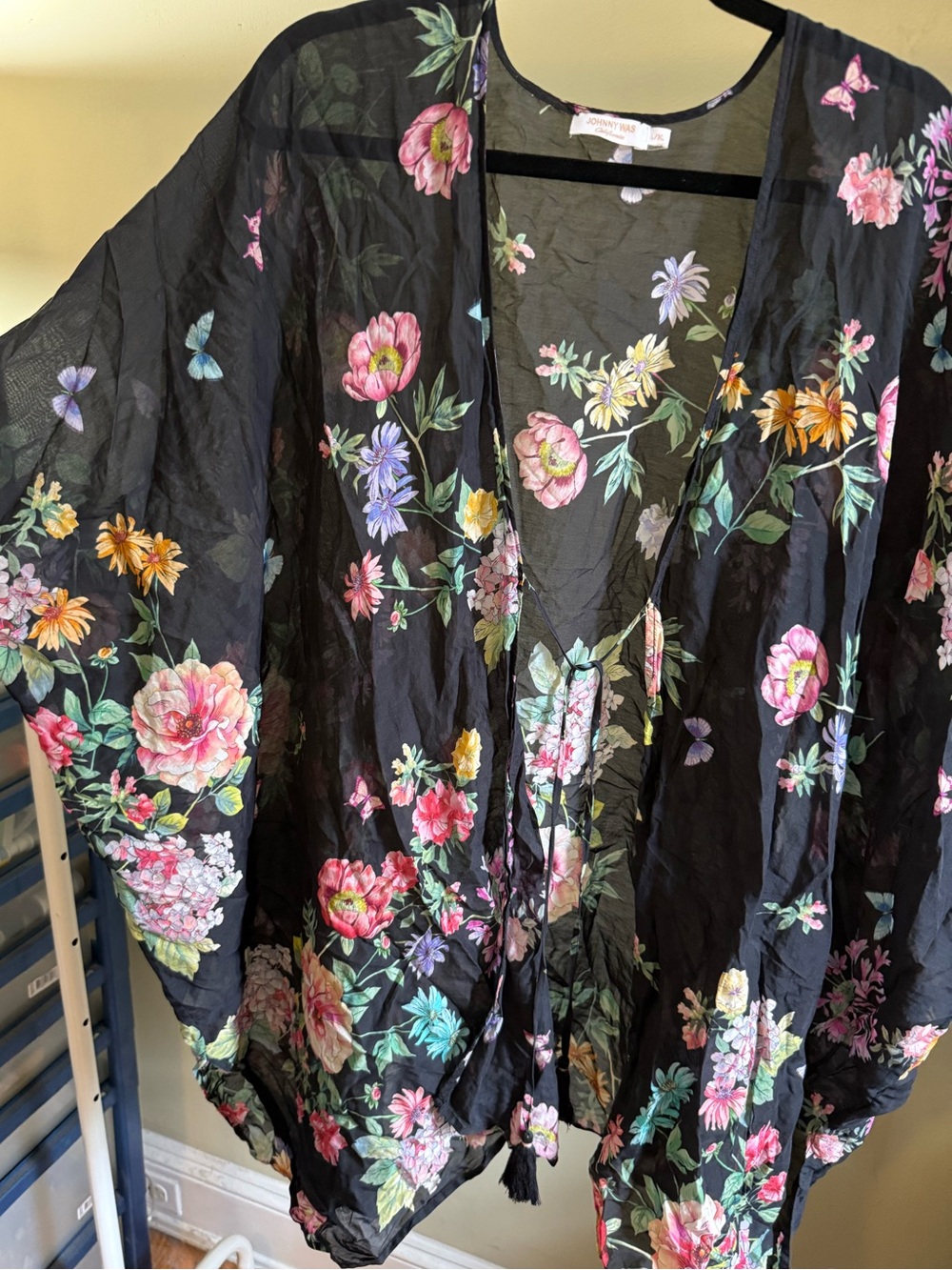 Johnny Was Black Floral Silk Kimono with Multicolor Flower Print
